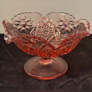 Vintage Imperial Rose Pink Glass Pedestal Bowl with Cosmos Floral Pattern